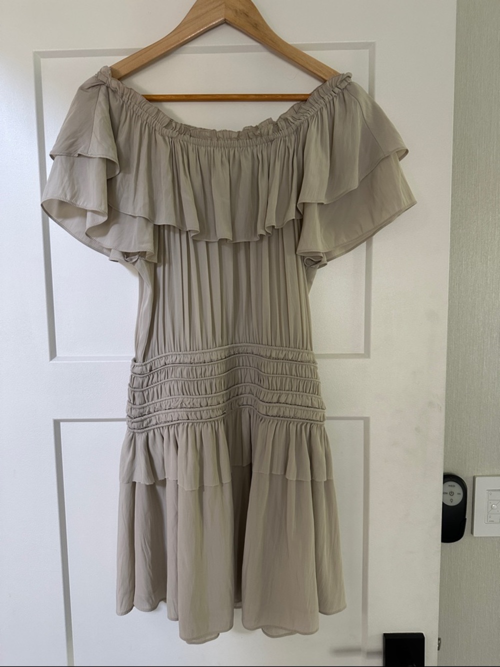 Ramy Brook Off-Shoulder Ruffle Tiered Dress in Light Taupe